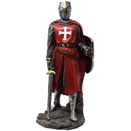 Figurka rudého Křižáka se štítem, mečem a hrncovou helmou 30cm