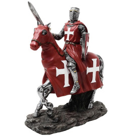 Soška rudého křižáka na koni ve zbroji s mečem a štítem 22cm