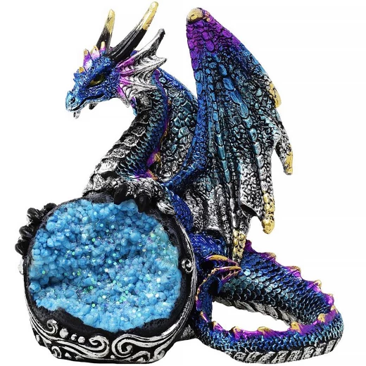 Saphirwächter: Blauer Drache auf Kristallgeode