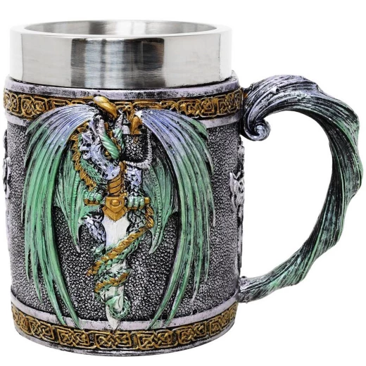 Dekorativer XL Drachenkrug „Drachenwache“ mit keltischem Kreuz, Polyresin, 500 ml