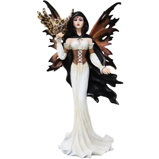 Mystische Nachtwächterin: Dunkle Fee mit weiser Eule Skulptur