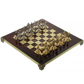 Šachy Antické Řecko a Řím se zlatými/stříbrnými figurkami a mosaznou šachovnicí 28x28cm