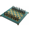 Schachspiel griechische Mythologie mit blauen und braunen Figuren und Schachbrett aus Messing 36x36 cm