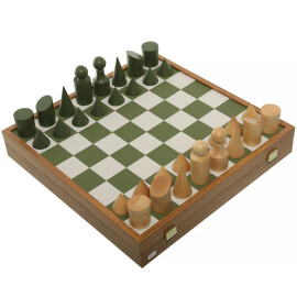 Schachspiel Bauhaus grün-weiß, König 8,5 cm, Schachbrett 40x40 cm