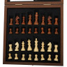 Šachy se schránkou vykládanou výrůstkem olivovníku a dřevěnými figurkami Staunton 27x27cm