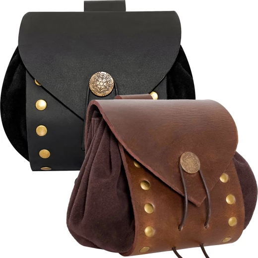 Mittelalterliche Gürteltasche aus Leder mit Wildlederbeutel und Messingnieten - Outlet