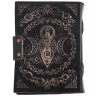 Černý kožený grimoár Trojná bohyně s magickými symboly a ručním papírem