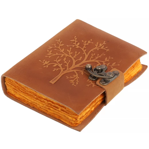 Tree of Life Leather Grimoire with Brass C-Hook Clasp and Deckle Edge Paper