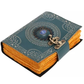 Türkisfarbenes Leder-Notizbuch Mandala mit blauem Stein und Büttenpapier