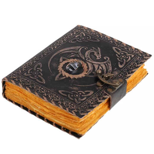 Schwarzes Leder-Grimoire Keltischer Drache mit Achat und Büttenpapier