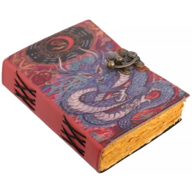Kožený deník Modrý asijský drak, žlutý vintage papír, mázlý potisk desek - Outlet