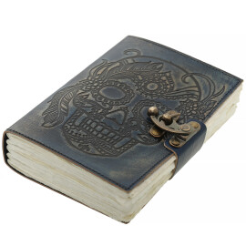Leder Notizbuch mit mexikanischem Totenkopf grau-blau