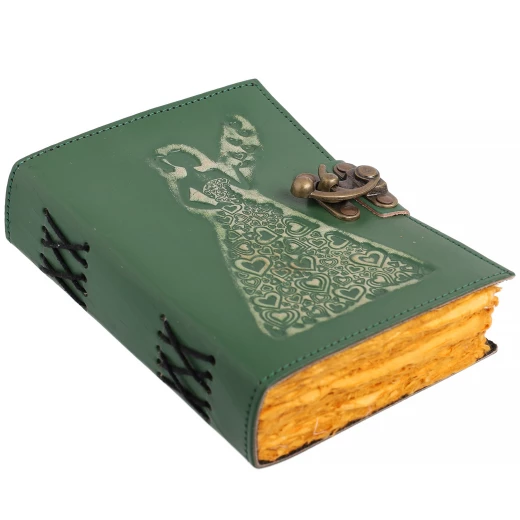 "Heart Fairy" Leather Journal, Green, with Clasp, Vintage Paper, 17.5x13 cm