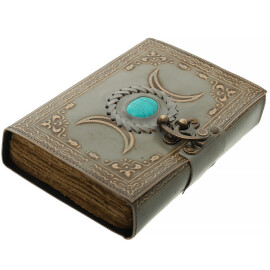 Leder Notizbuch mit zwei Monden und einem türkisfarbenen Stein