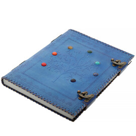 Big Leather-bound Notebook with Tree of Life Embossing and Seven Chakras Stones