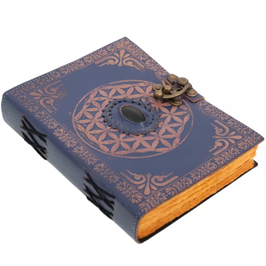 Blue Leather Grimoire "Flower of Life" with Gemstone