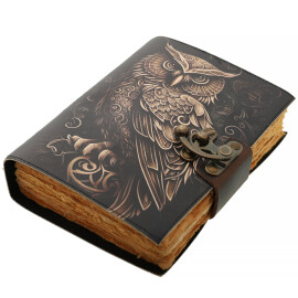 Handgefertigtes Ledertagebuch mit Eule - Symbol der Weisheit