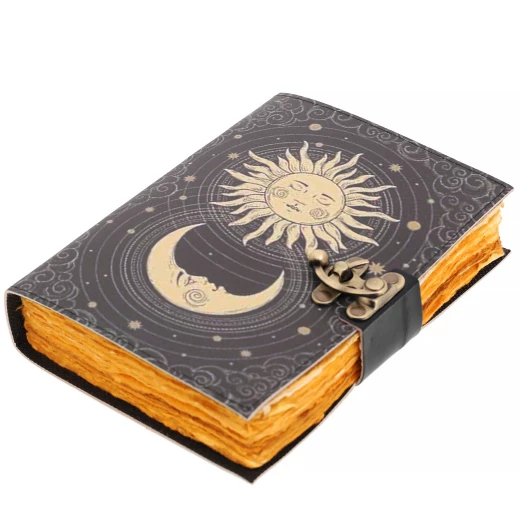 Celestial Sun and Moon Leather Grimoire with Handmade Paper