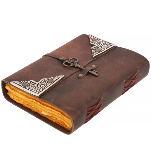 Mysterious Leather Grimoire with Key and Silver Fittings