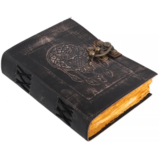 Leder-Notizbuch mit geprägter Eule im Traumfänger - Schutz vor schlechten Träumen