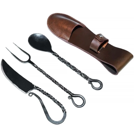 Geschmiedetes Wikinger-Besteck mit Ledertasche - Outlet