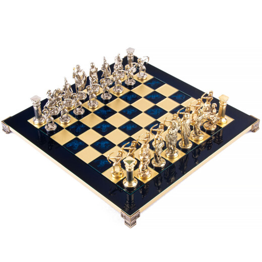 Šachy Lukostřelci se zlatými/stříbrnými figurkami a šachovnicí z mosazi 44x44 cm