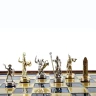 Schachspiel griechische Mythologie in einer Holzkassette mit Gold-/Silberfiguren und einem Schachbrett aus Messing 34x34 cm
