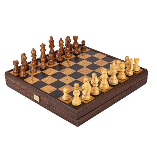 Schachspiel mit dem aus Olive Maserknolle eingelegtem Kasten und Staunton Holzfiguren 27x27cm