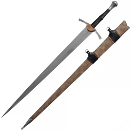Condottiero – Italský meč bastard 14. století s fasetovou hlavicí a koženou pochvou, ostrá čepel