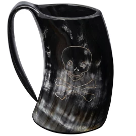 700ml Black Genuine Horn Pirate Tankard with Engraved Skull - Outlet