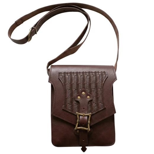 Mittelalterliche Leder-Umhängetasche mit Fischgrätenmuster – Braun
