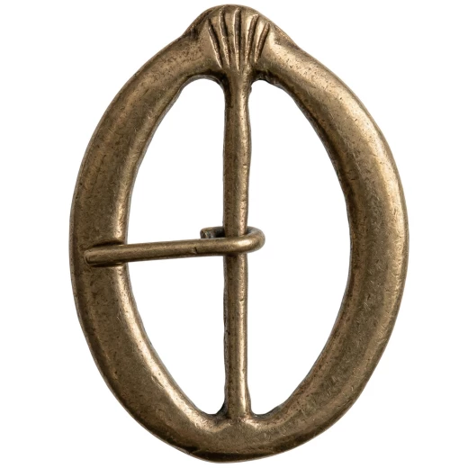 Spätgotische ovale Doppelschnalle aus Messing mit Muscheldekor