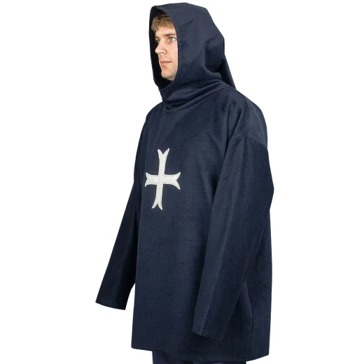 Kurze Mittelalter Ordenskutte mit Kreuz und Kapuze aus Baumwollduftin
