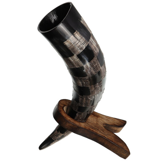 Carved Chequered Drinking Horn