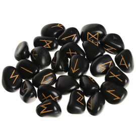 Runové kameny z černého onyxu v látkovém měšci, 25 kamenů