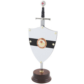 Wooden stand for a mini sword with shield