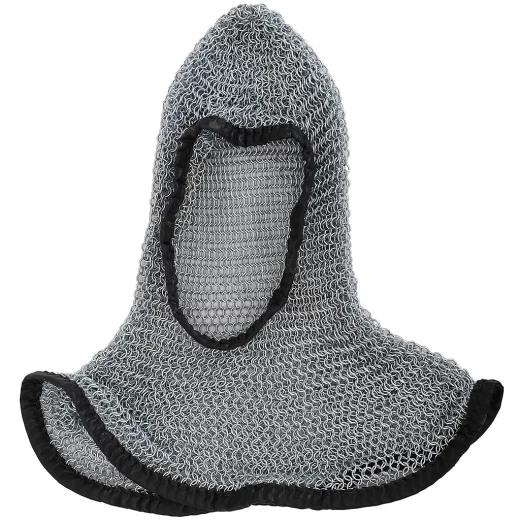 Leather hemmed chain mail coif stainless steel