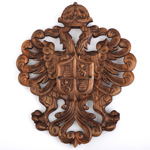 Hand-carved heraldic blazon w. castle tower and lion - Sale