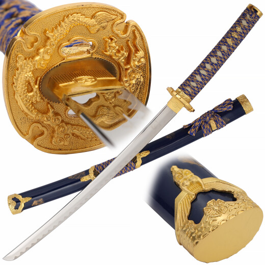 Gold Wakizashi Blue-Gold Scabbard, gold tsuba and kashira