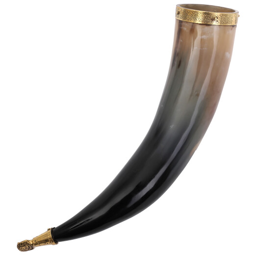Drinking horn with a lion's head emblem on the brass tip