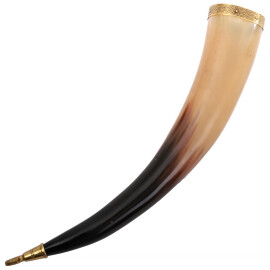 Drinking horn with a lion's head emblem on the brass tip and an iron stand