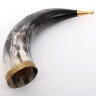Drinking horn with rounded brass tip and iron stand