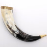 Drinking horn with rounded brass tip and iron stand