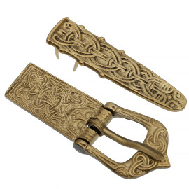 Viking Borre-style buckle with chape and strap end knot pattern