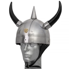 Helmet with horns à la Viking, fake leather liner and chin strap