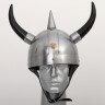Helmet with horns à la Viking, fake leather liner and chin strap