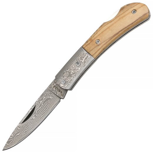 Damask pocket knife with olive wood handle