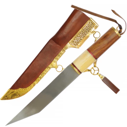 Sax s lomeným hřbetem, vikingský nůž s čepelí z uhlíkové oceli a rukojetí ze dřeva a kosti