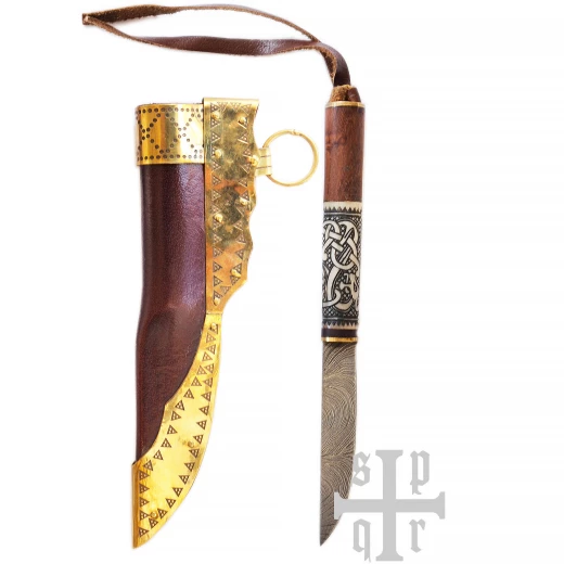 Malý vikingský nůž s damaškovou čepelí a rukojetí ze dřeva a kosti zdobenou dvěma hady