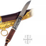 Malý vikingský nůž s damaškovou čepelí a rukojetí ze dřeva a kosti zdobenou dvěma hady